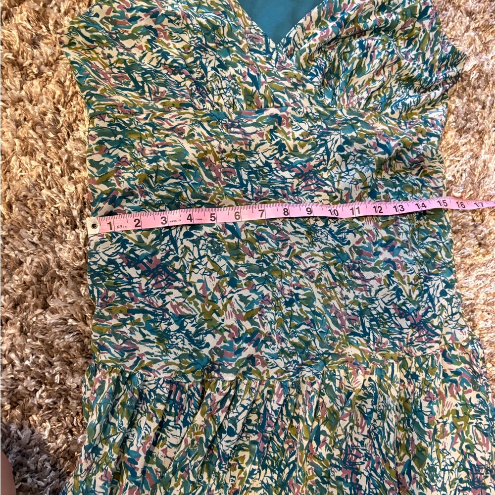 Jonathan Martin Dress White Teal Floral Drop Waist Midi V-Neck - size Medium - Picture 8 of 9